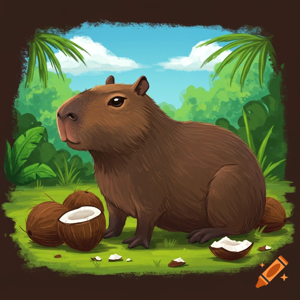 A capybara sitting on grass near coconuts in a jungle.