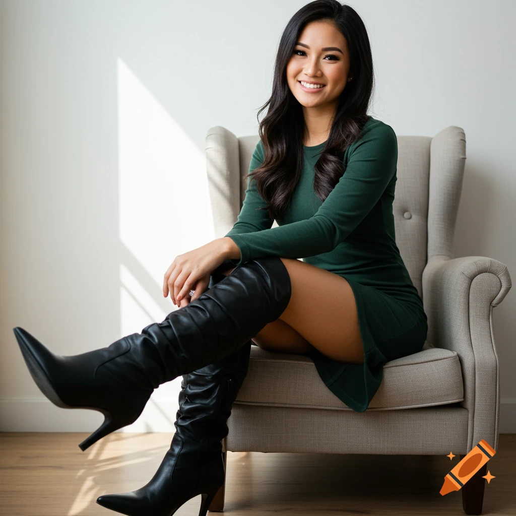 A smiling woman sits in a chair wearing a green dress and black thigh-high boots.