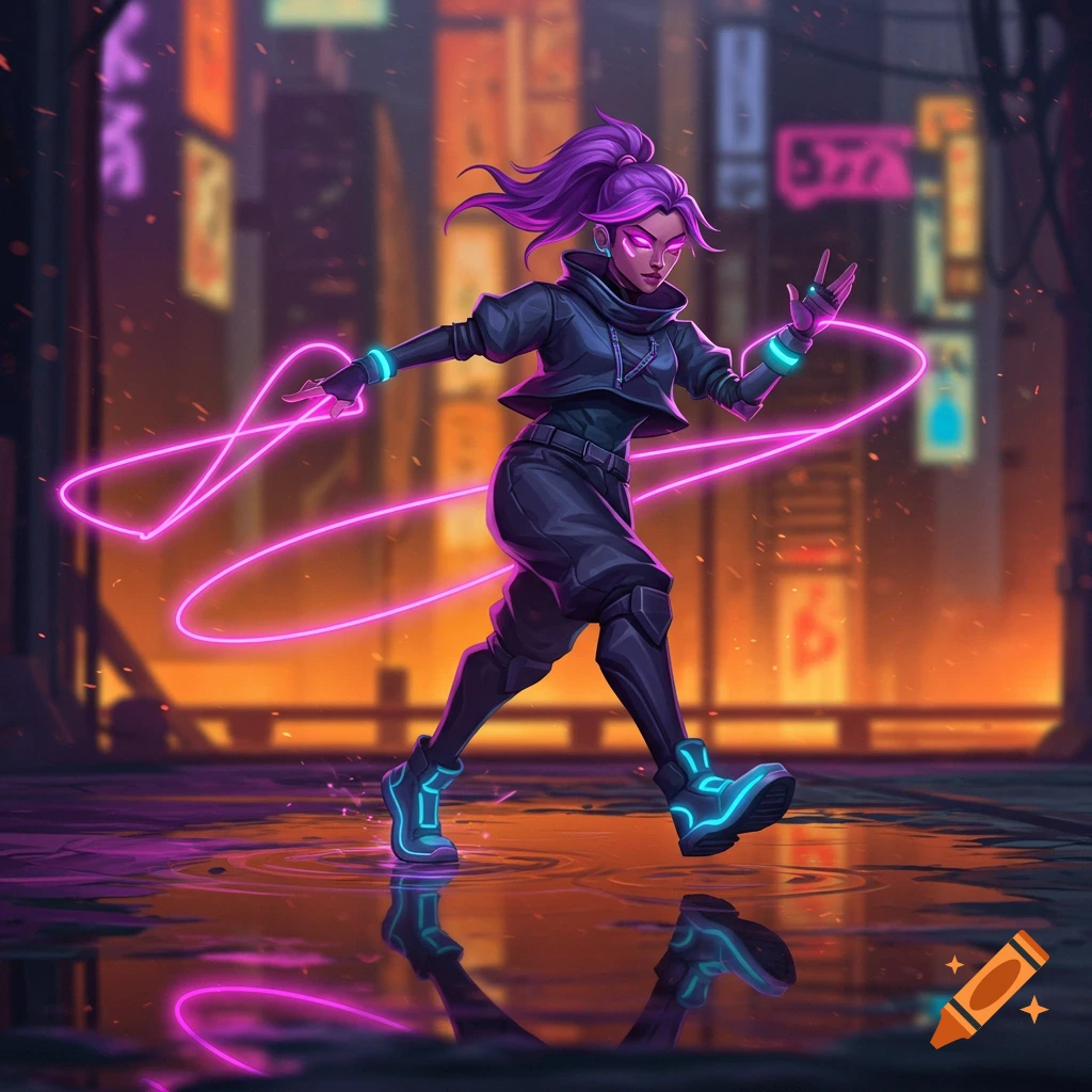 A cyberpunk character with purple hair and glowing neon elements runs through a futuristic city street with water reflections.