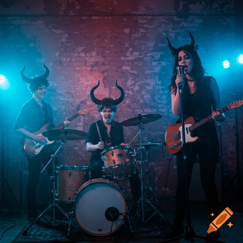 A band with demon horns performs on a stage with blue and red lighting. One person sings, one plays guitar, and one plays drums.