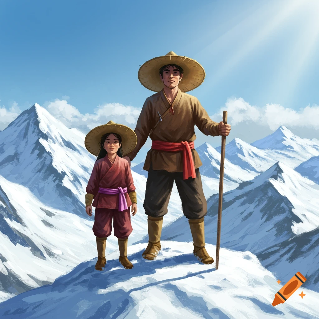 Two figures with straw hats standing on a snowy mountain peak.