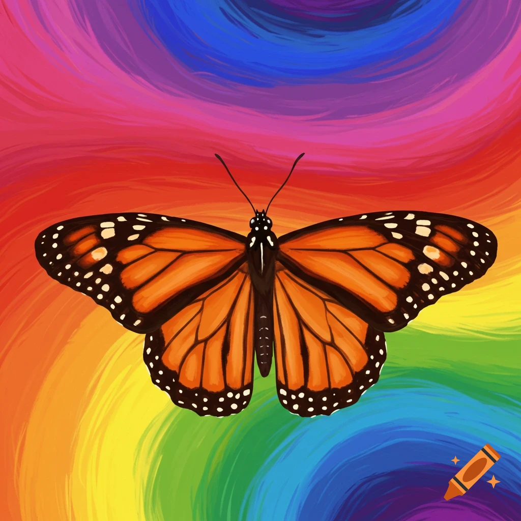 A monarch butterfly on a swirling rainbow background.