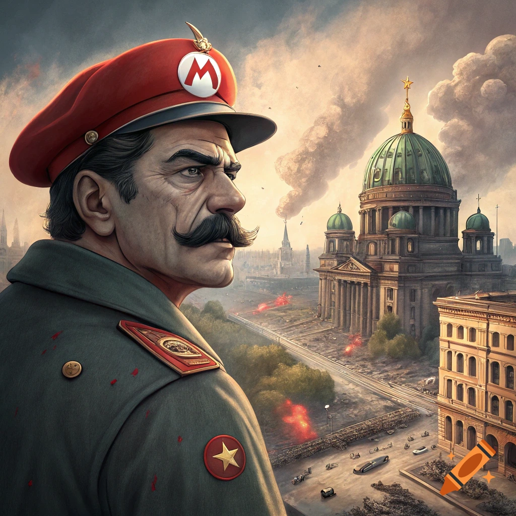 A figure resembling Stalin wearing a red hat with a Mario 'M' symbol looks over a smoky cityscape.