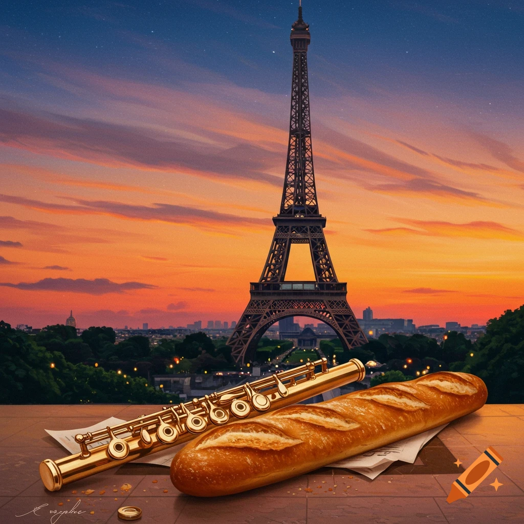 A baguette and flute are placed against the backdrop of the Eiffel Tower at sunset.
