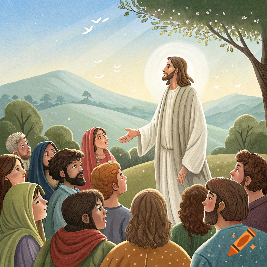 Illustration of Jesus speaking to a crowd of people in a landscape.