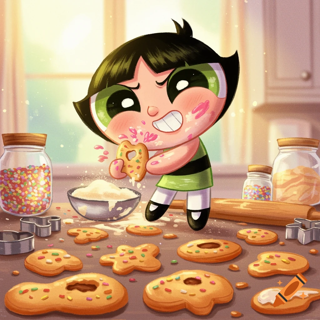 Illustration of Buttercup making cookies in a kitchen, covered in sprinkles and icing.