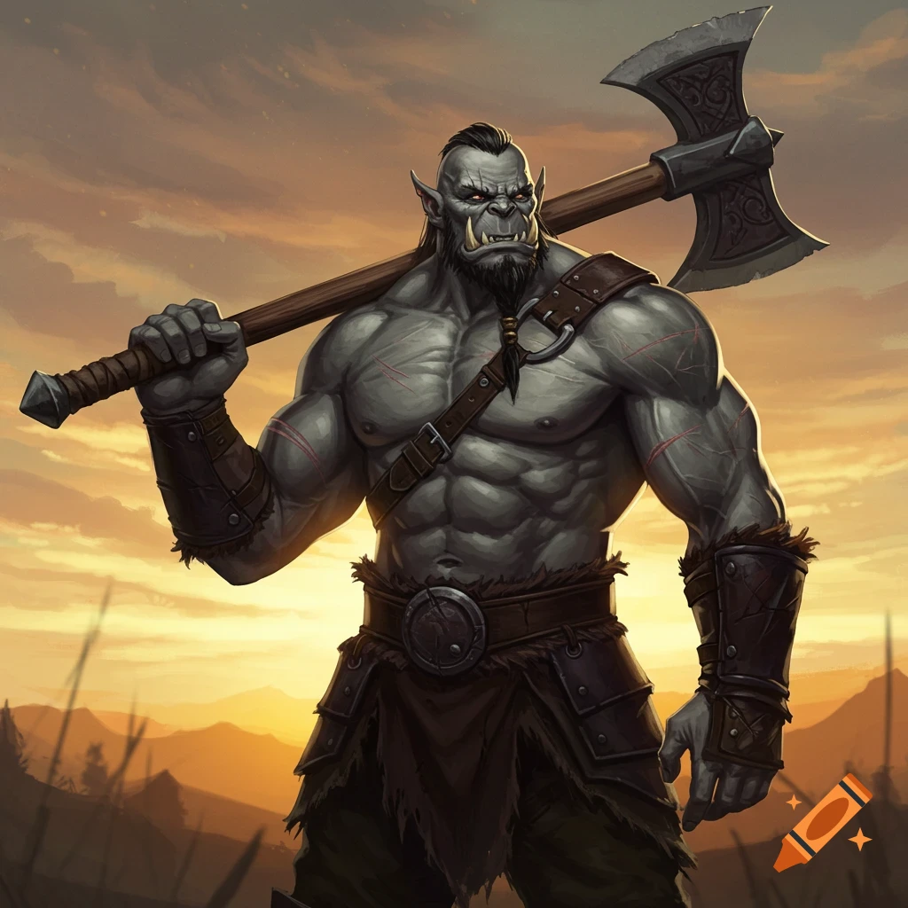 A muscular gray orc barbarian stands holding a large axe over his shoulder in the golden light of dawn.