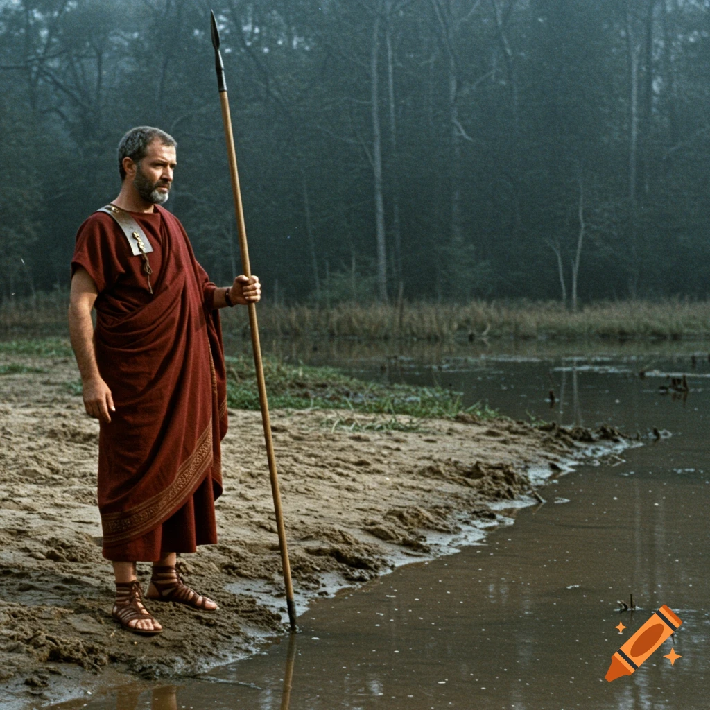 A man in a Roman toga stands by a river holding a spear in a misty landscape.