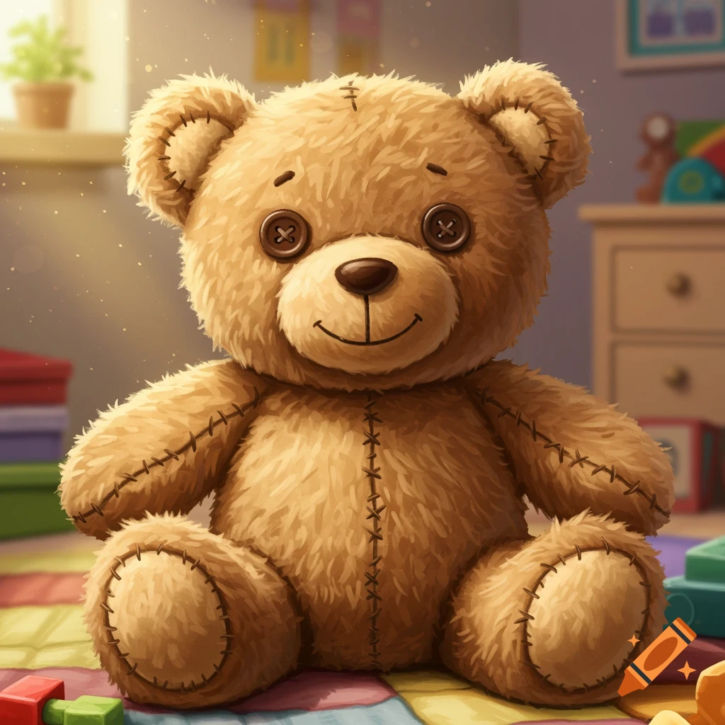 A brown teddy bear with stitched details sitting on a colorful quilt in a child's bedroom.