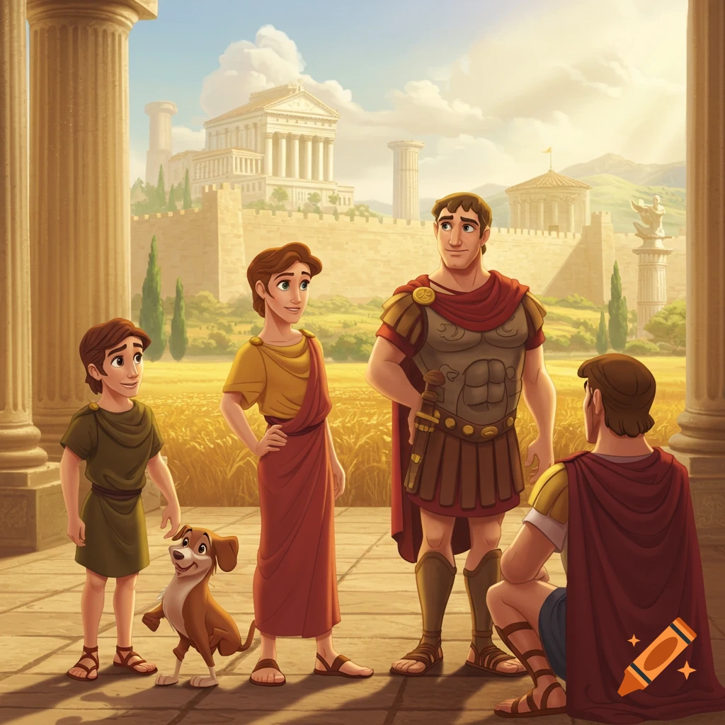 Cartoon scene of people and a dog in ancient Rome with architecture in the background.