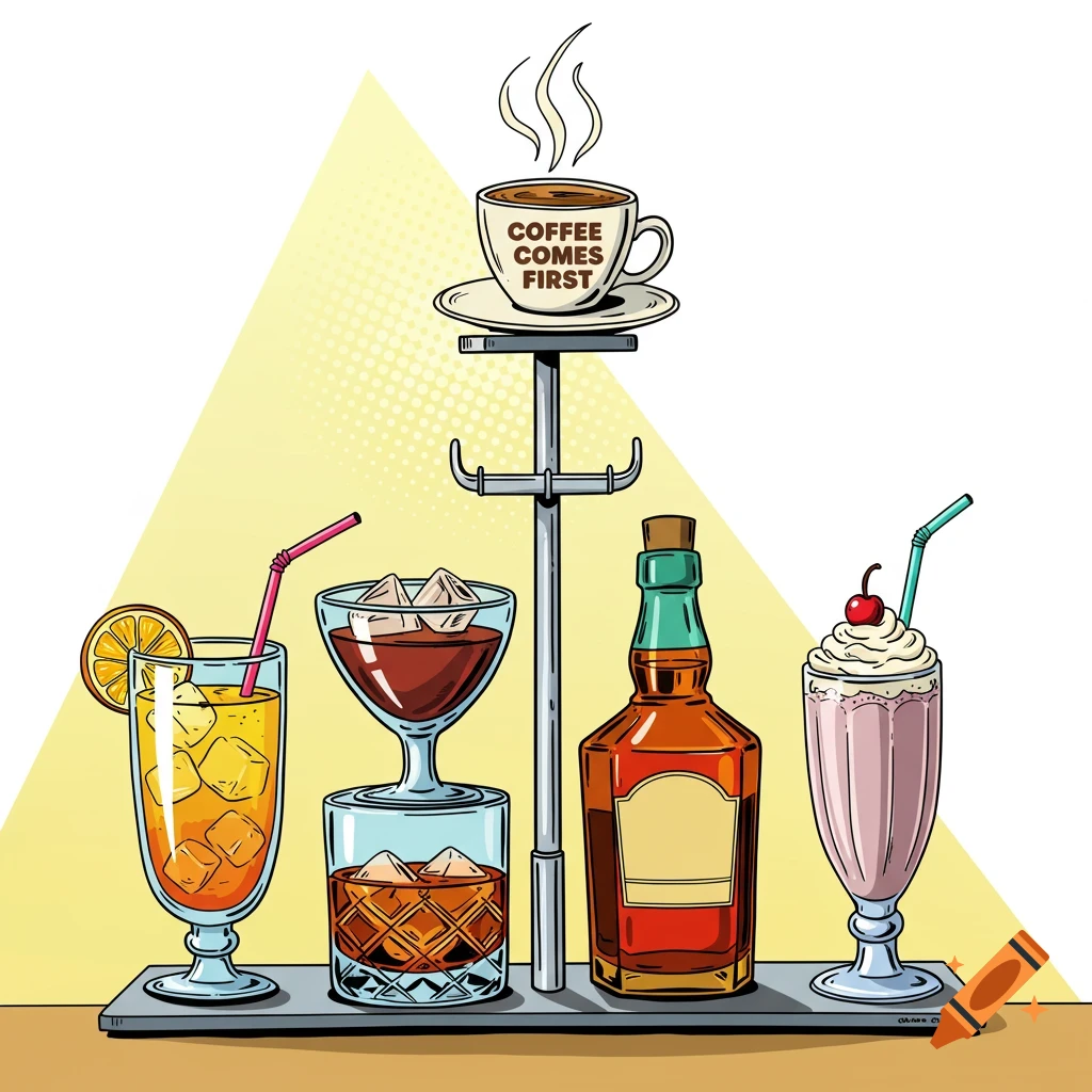 Pop art illustration of various drinks and a coffee cup on a stand