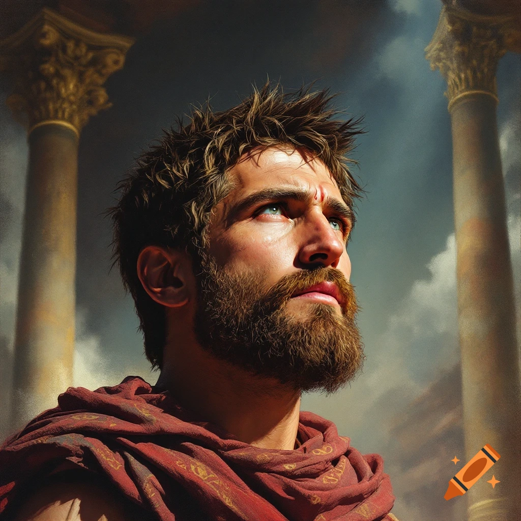 Dramatic image of a man in a red wrap with Roman columns in the background