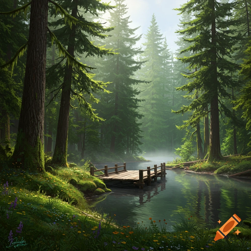 A forest scene with sun rays filtering through the trees, a river flowing through the woods, and a wooden dock extending into the water.