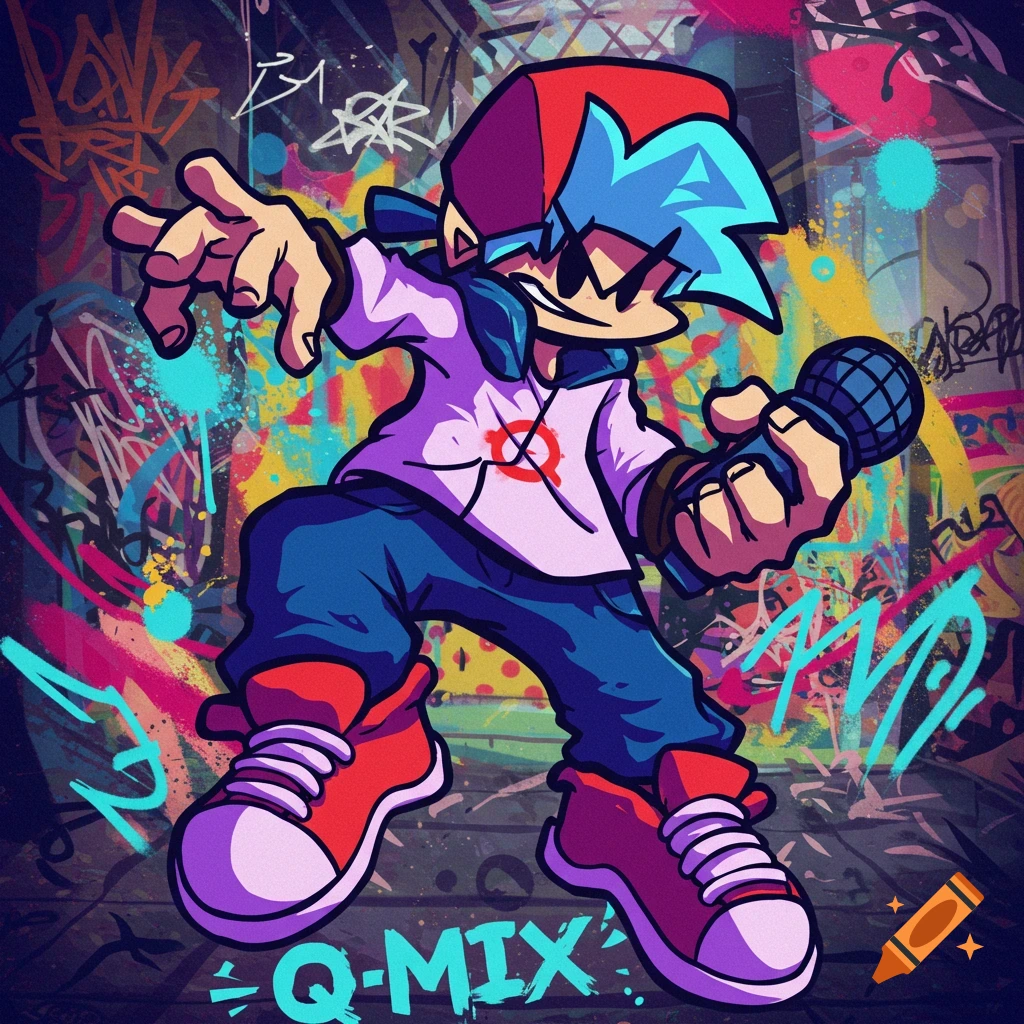A character from FNF Q-Mix holds a microphone in front of a graffiti-covered wall.