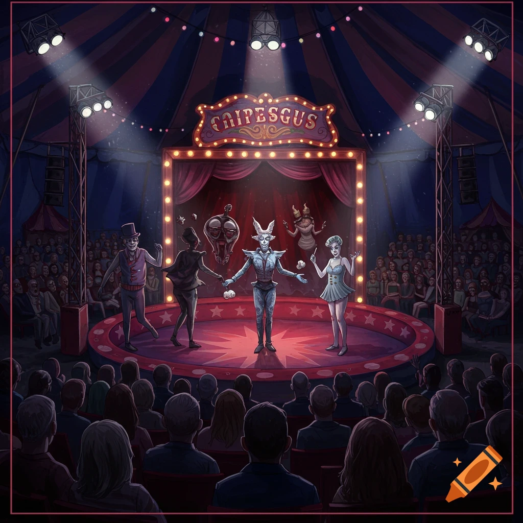 Strange performers are on a stage in a circus tent with an audience.