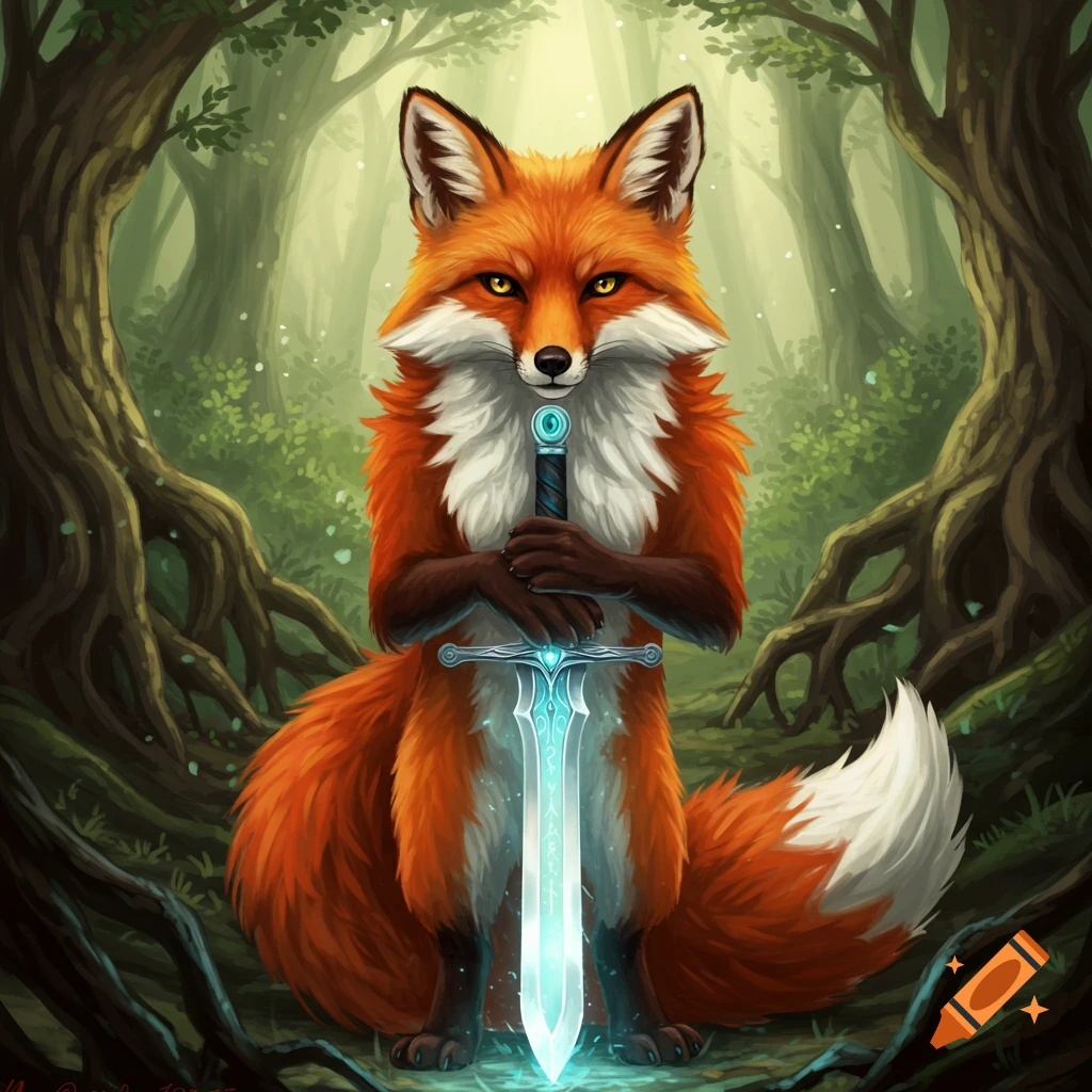 A fox holds a glowing sword in a forest.