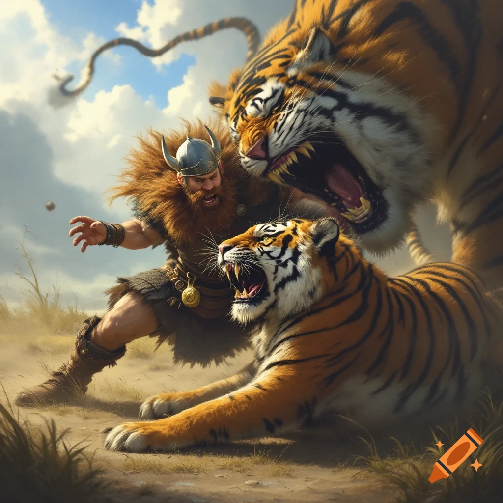 A Viking warrior battles two large tigers in a dynamic fantasy illustration.