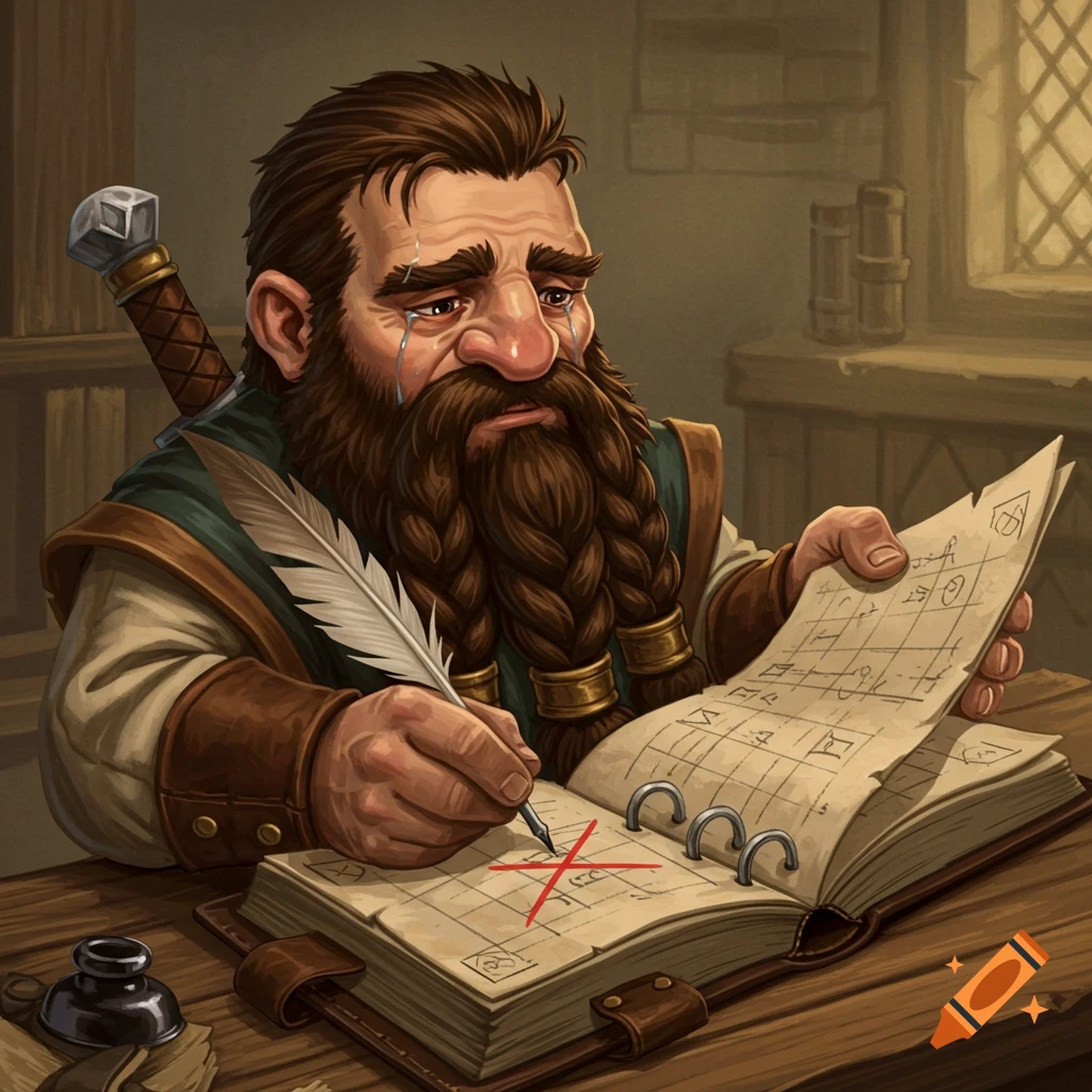 A sad dwarf cleric writes in a planner with a quill pen.