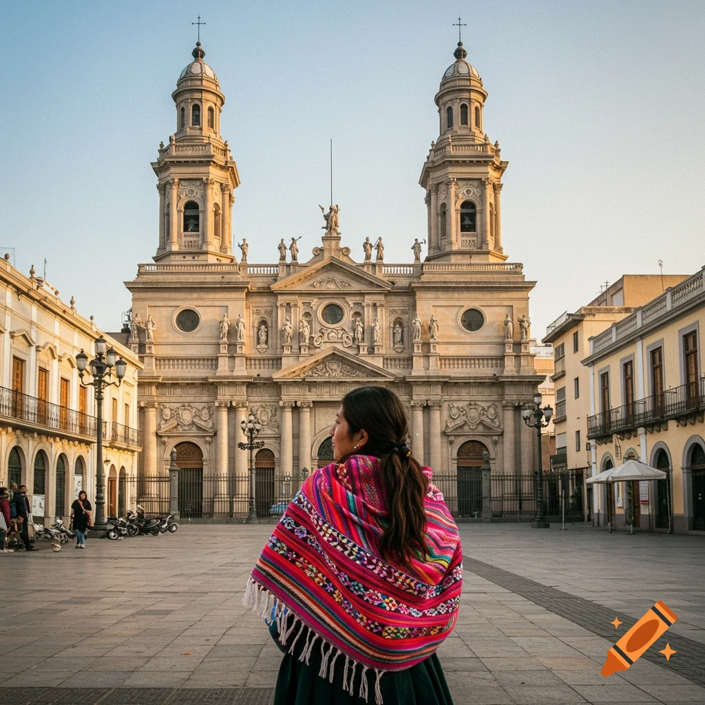 A person wearing a colorful traditional shawl stands in a plaza looking at a large, ornate cathedral.