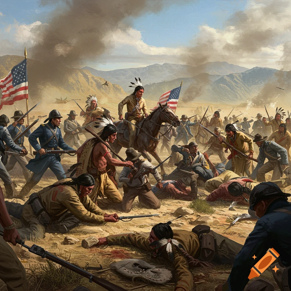 A depiction of a battle between soldiers and Native American warriors in a desert landscape.
