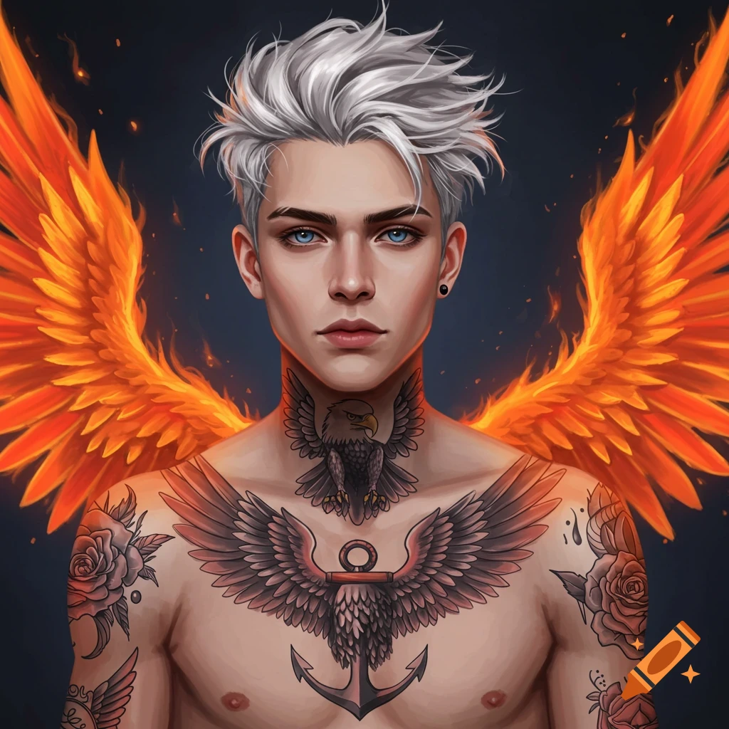 A young man with messy white hair, blue eyes, tattoos, and large fiery wings.