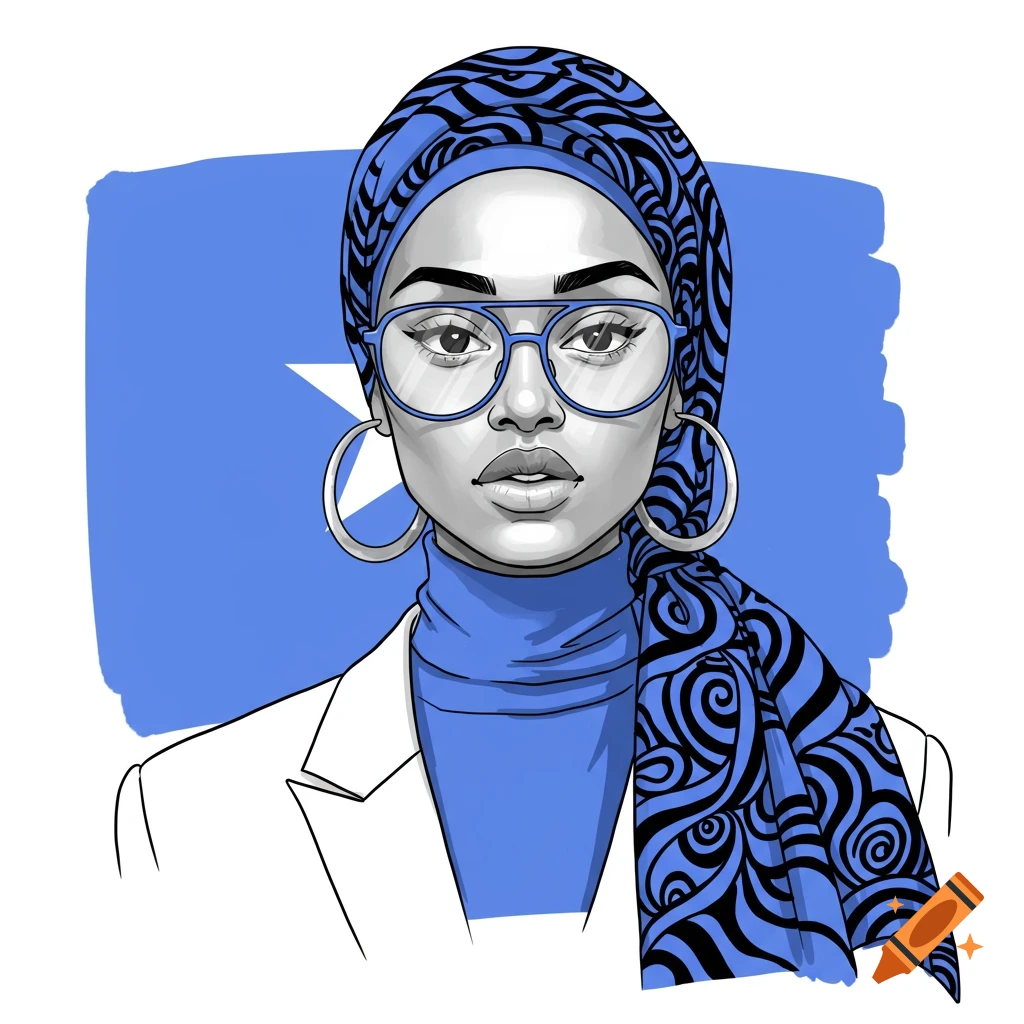 Digital illustration of a Somali woman in a hijab, glasses, hoop earrings, and jacket against the Somali flag.