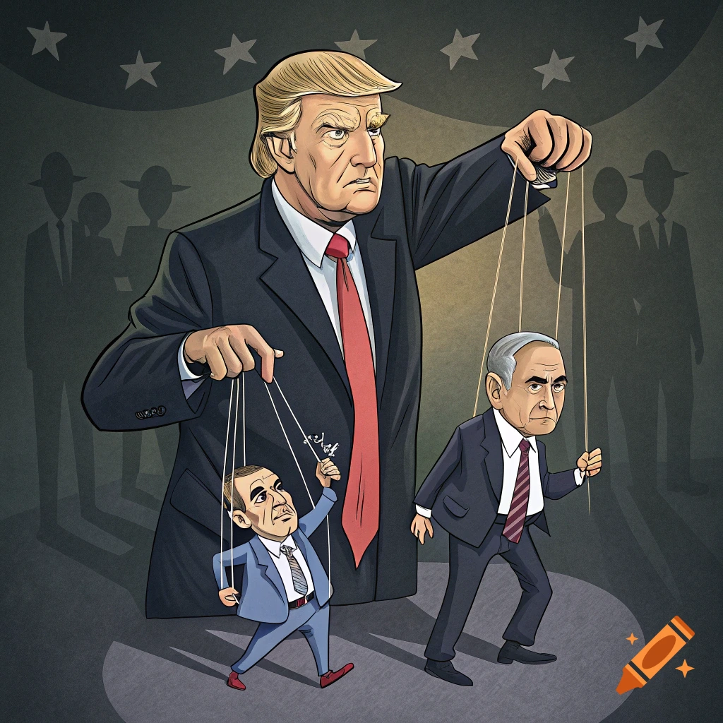 Caricature illustration of Donald Trump controlling string puppets of Benjamin Netanyahu and another figure.