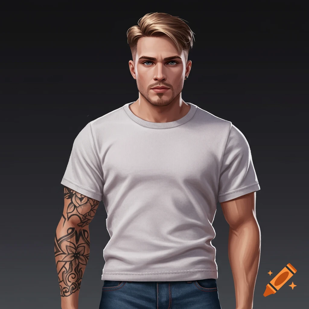 Image of a man with blond hair and arm tattoo wearing a white t-shirt