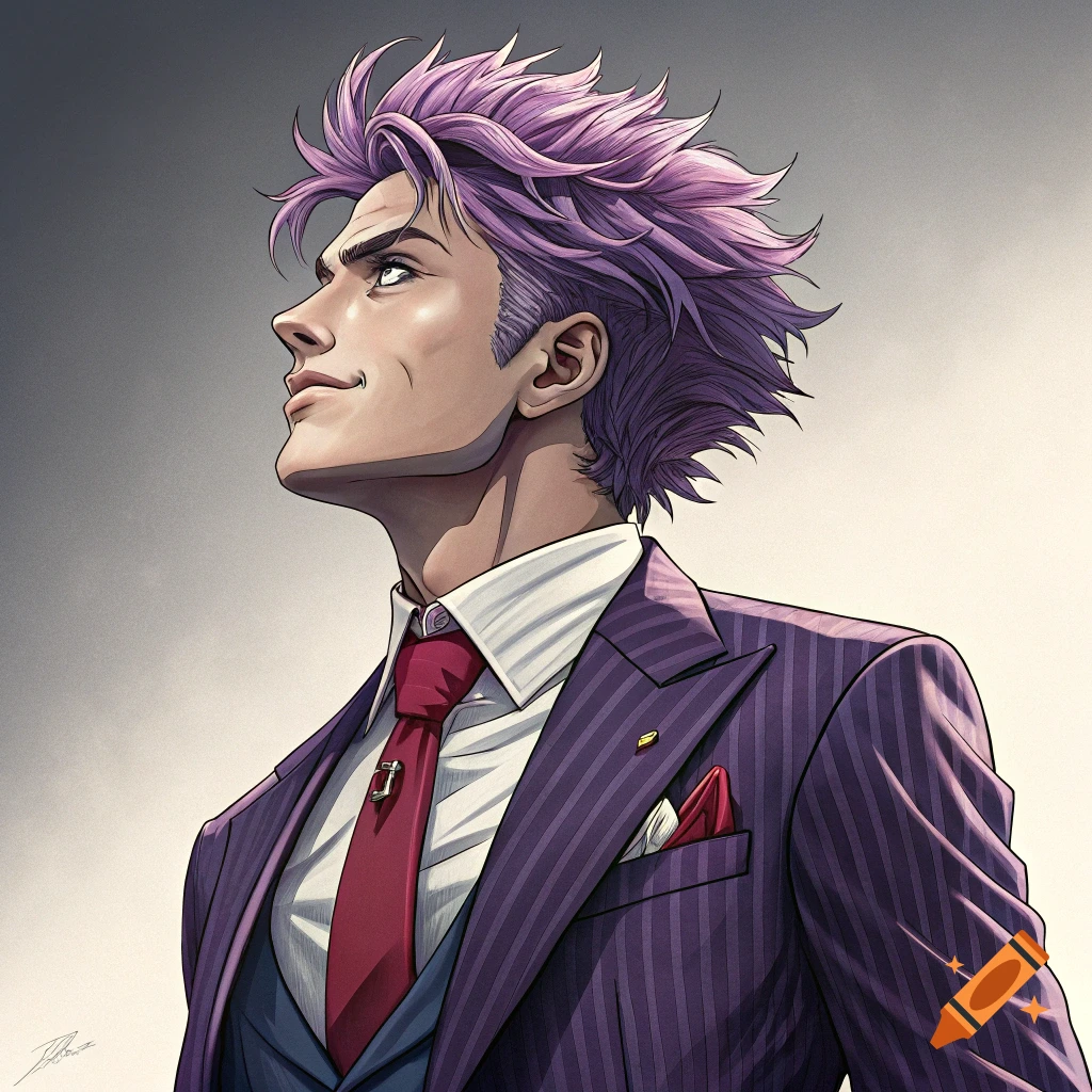 Anime portrait of a man with spiky purple hair in a pinstripe suit, looking upwards