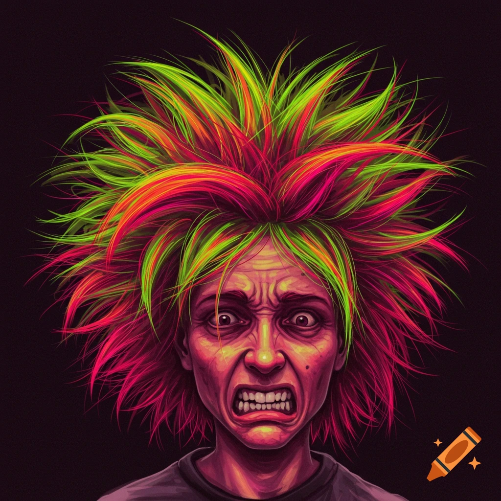 A person with a shocked face and spiky, brightly colored hair