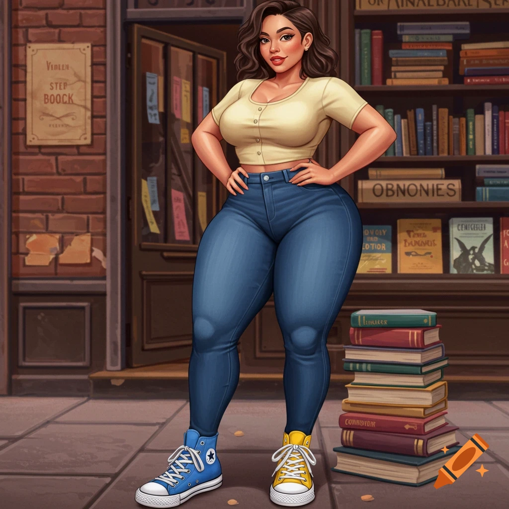 A woman wearing different colored Converse shoes is standing in front of a bookstore.