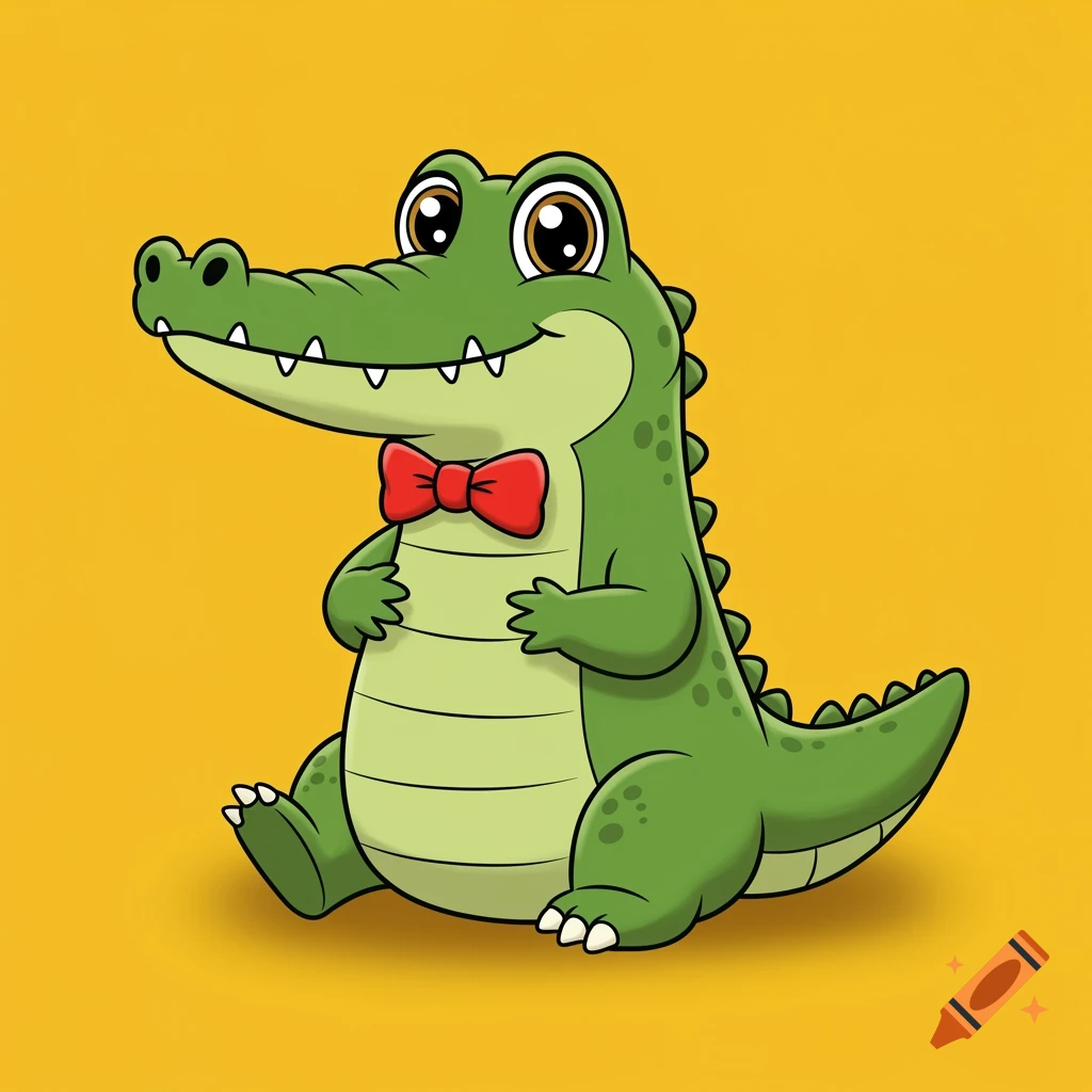 A cute cartoon alligator with big eyes and a red bow tie sits on a yellow background.