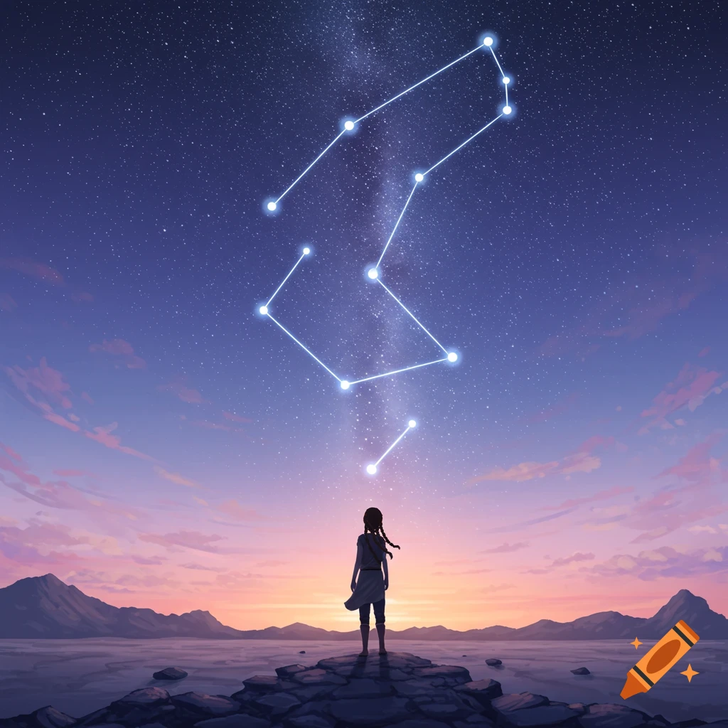 A person stands on rocks looking at a bright constellation in a starry sky over a landscape at sunset.