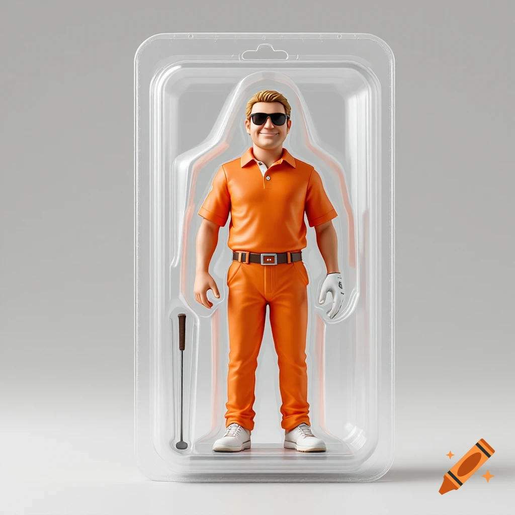 3D rendered action figure of a man in orange golf clothes inside blister packaging with a golf club.