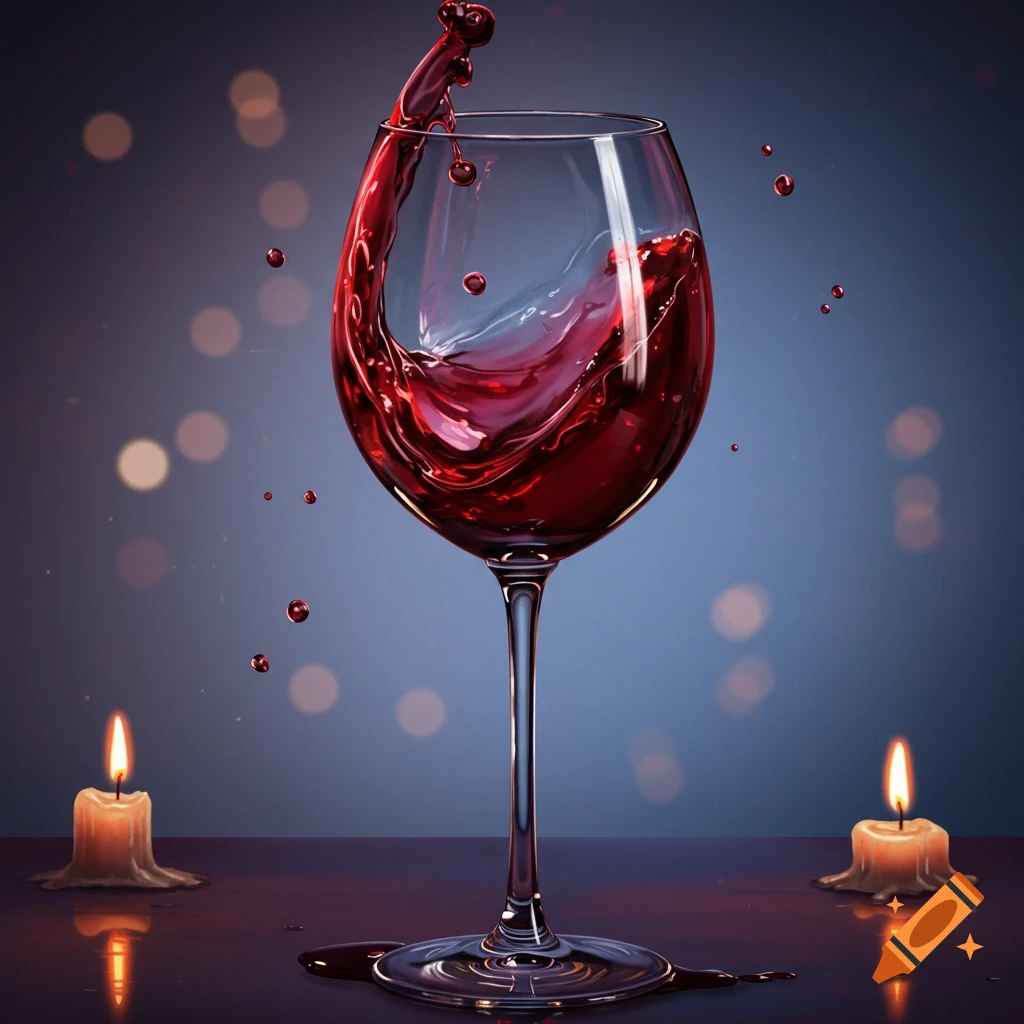 Red wine splashes from a glass with candles on a table.