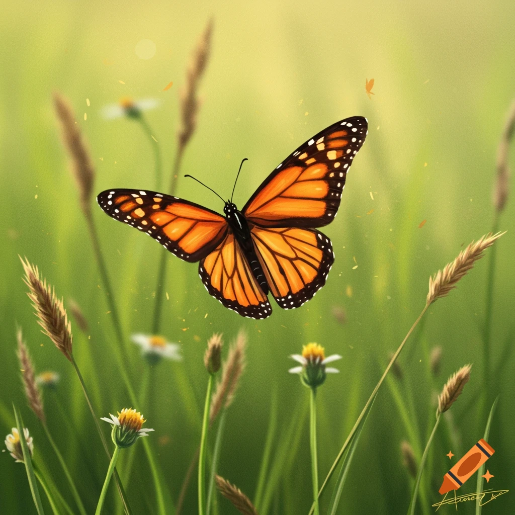A monarch butterfly flying above grass and small flowers.