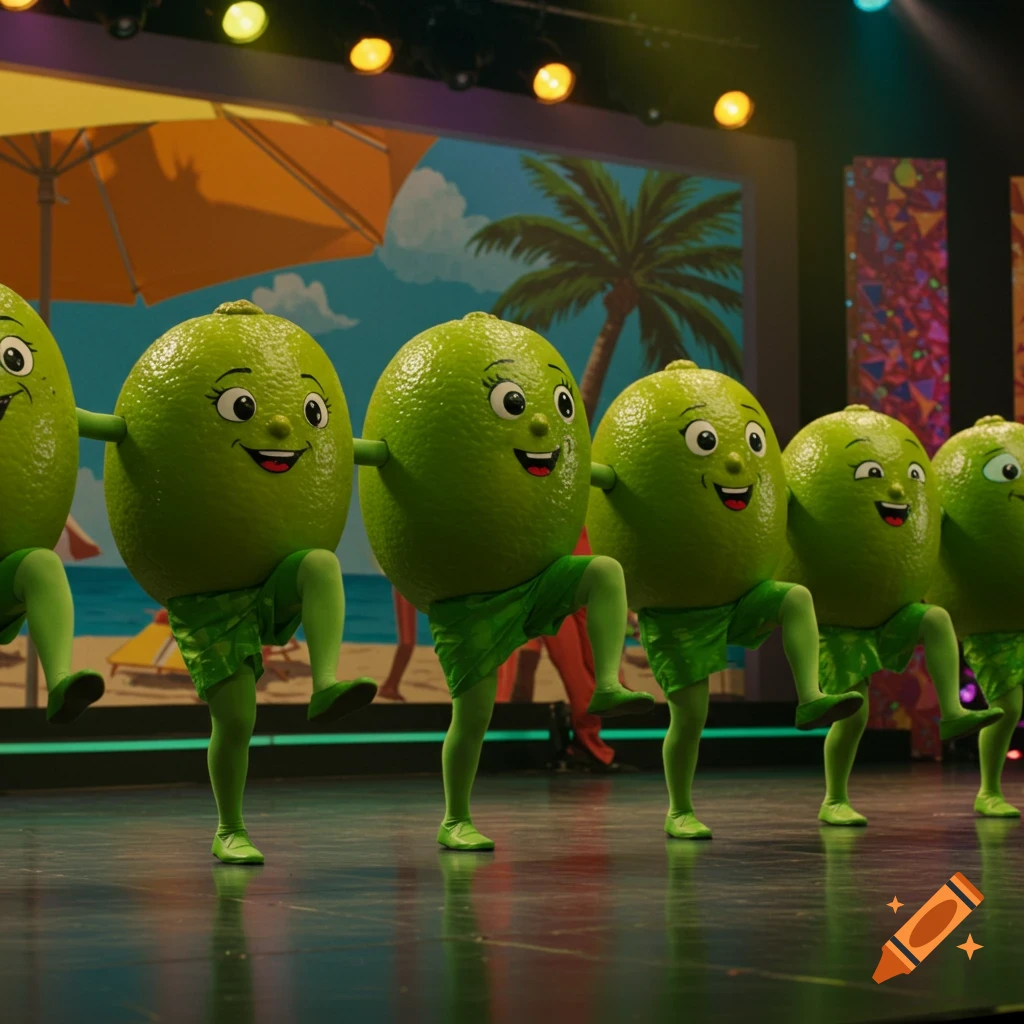 Animated limes in green costumes dance on a stage with a beach backdrop.