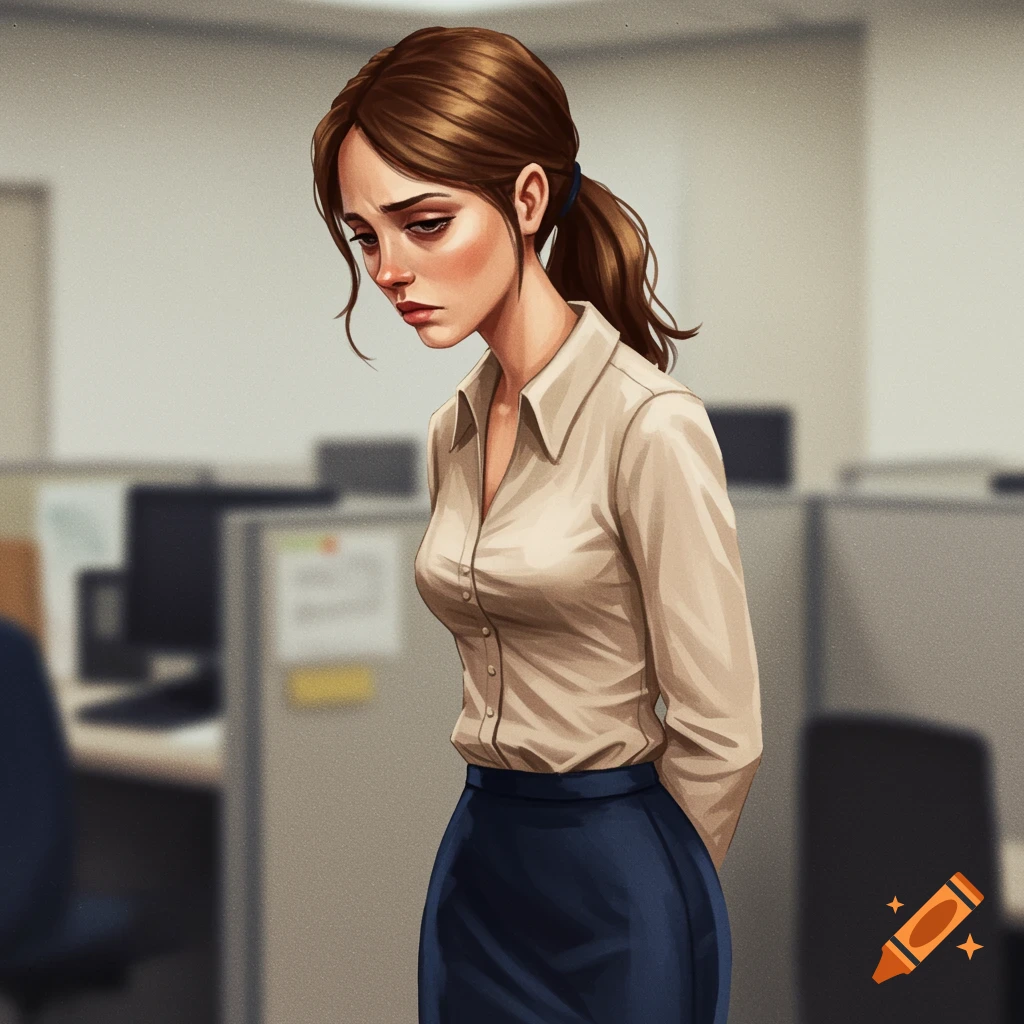 A sad woman in a beige blouse and blue skirt standing in an office.