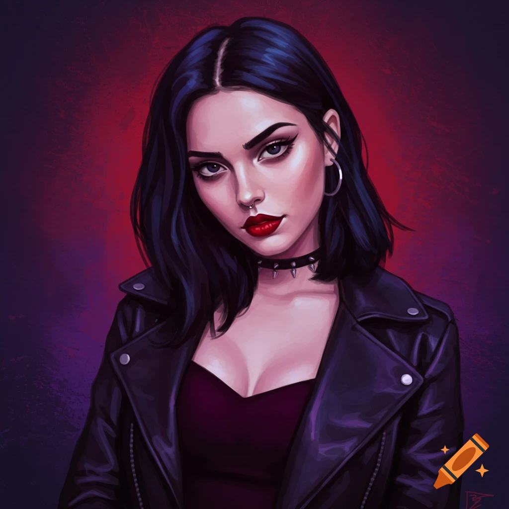 A woman with dark hair, red lipstick, a nose ring, a studded choker, and a leather jacket against a red and purple background.