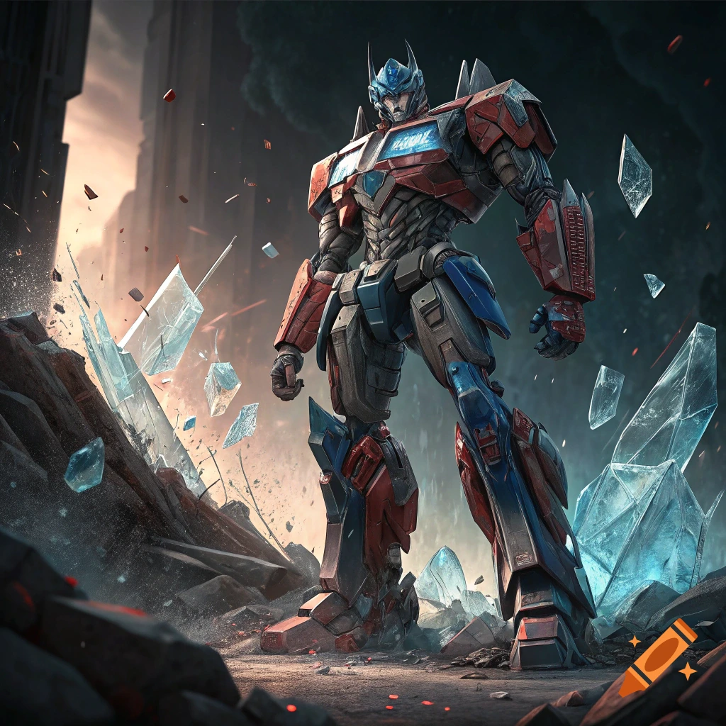 Optimus Prime standing in a ruined city surrounded by broken glass