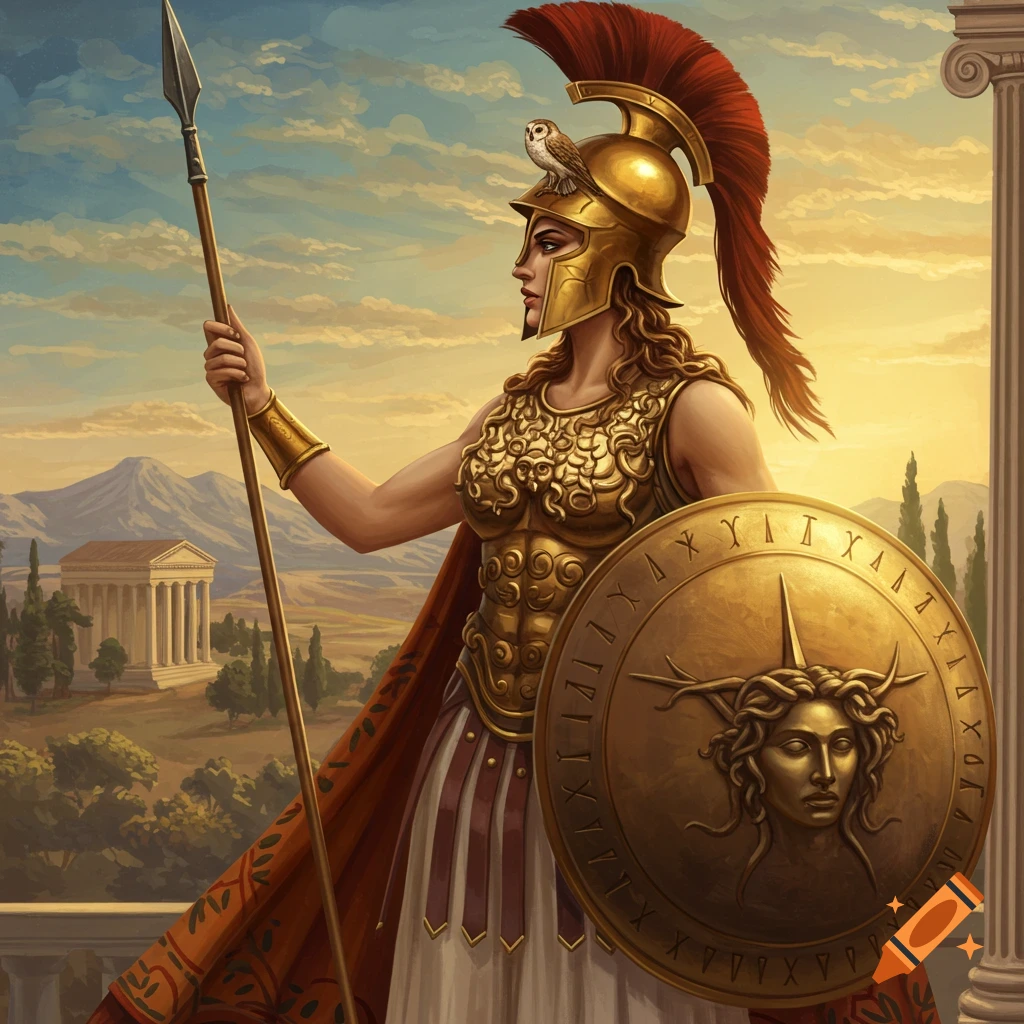 Athena in armor, holding a spear and shield, with an owl on her helmet.