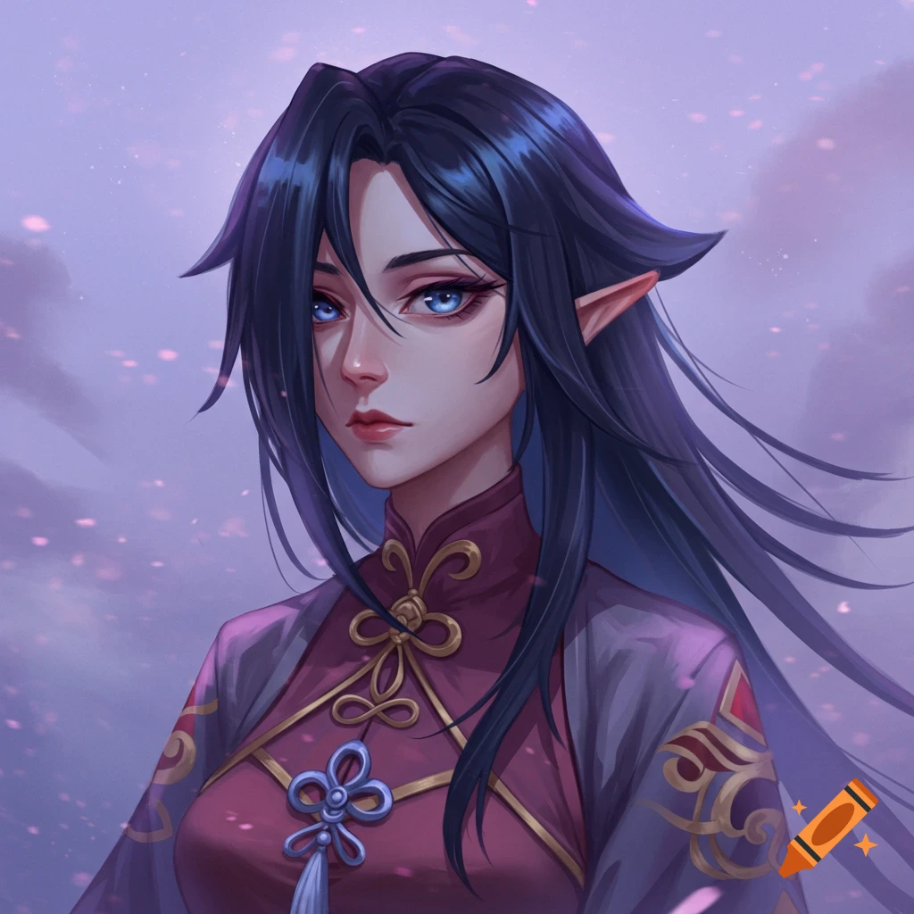 A female fantasy character with dark hair, blue eyes, and elf ears in an ornate outfit, against a cloudy purple sky.