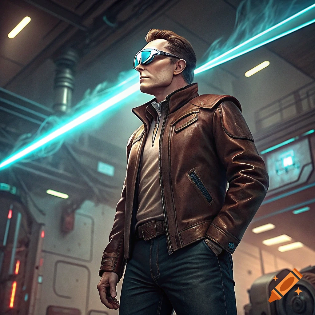 A man in a brown leather jacket and futuristic goggles stands in a sci-fi setting with a glowing beam.