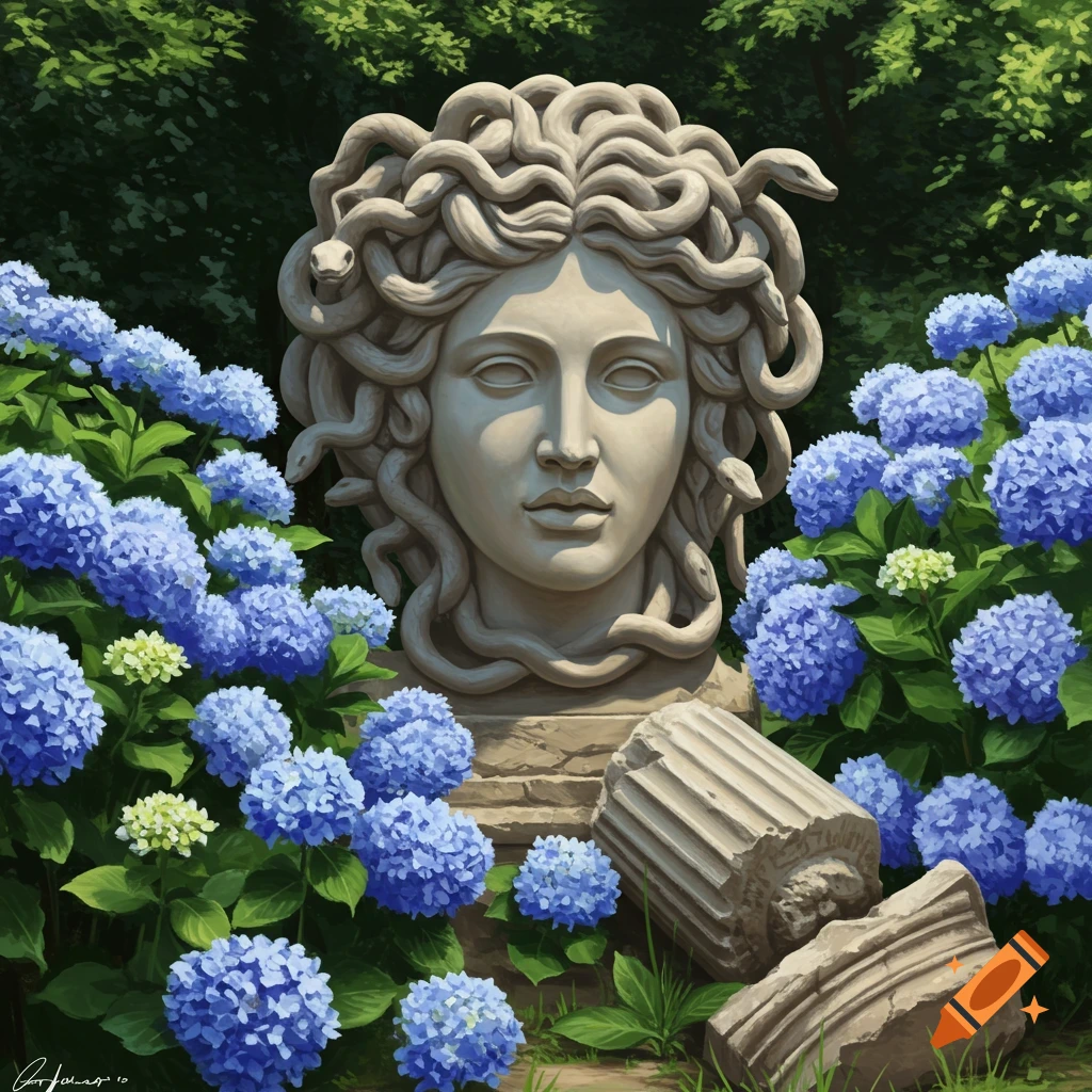 Sculpture of a Medusa in a garden with blue hydrangeas and broken pillars.