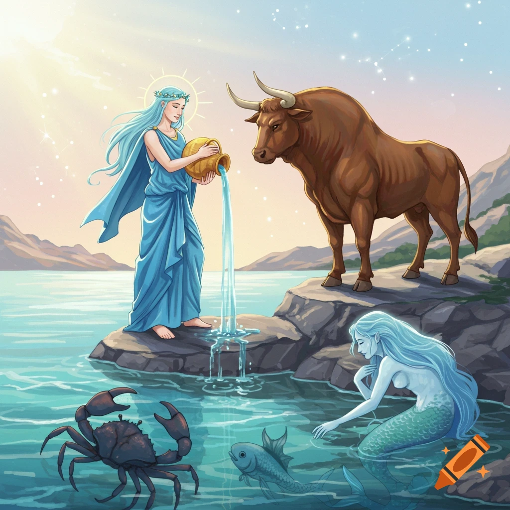 A woman pours water by a bull on a rocky shore with a mermaid, crab, and fish in the water under a starry sky, digital art.