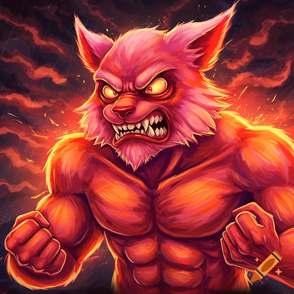 Angry red anthropomorphic wolf flexing muscles