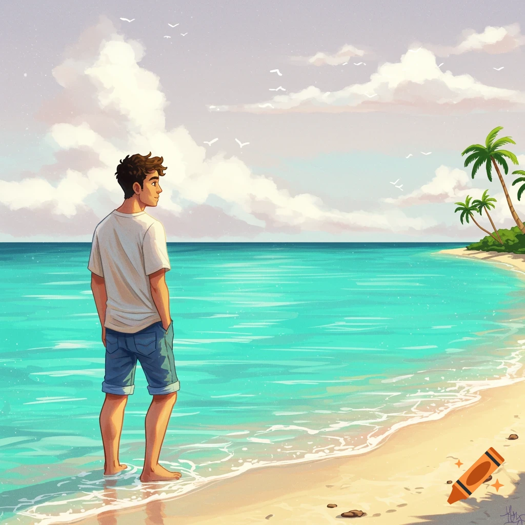 A man stands on a beach, looking out at the turquoise ocean with palm trees.