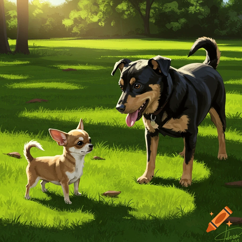 A small Chihuahua and a larger dog in a sunny park.