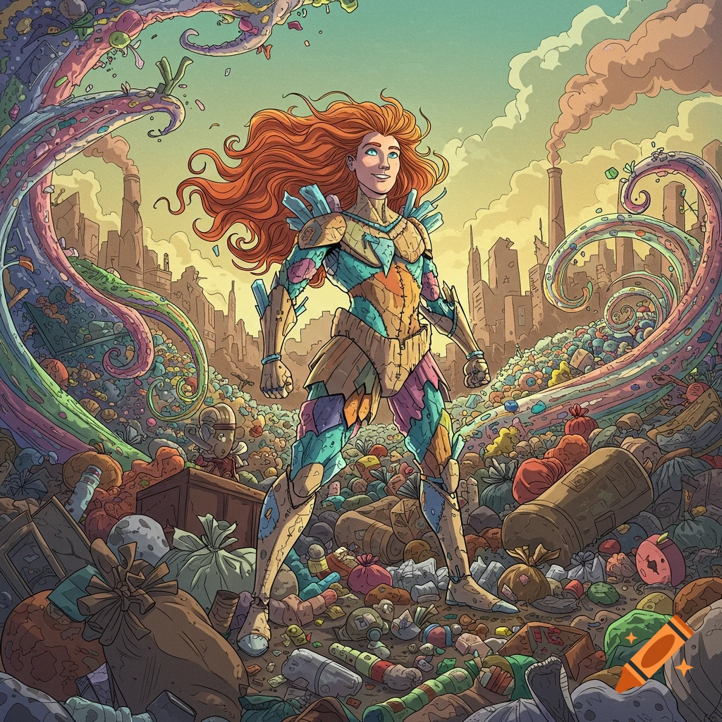 A superhero in colorful armor stands in a pile of trash with strange tentacles in a city.