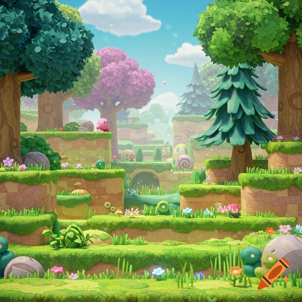 Kirby stands on a ledge in a colorful, layered forest video game landscape.